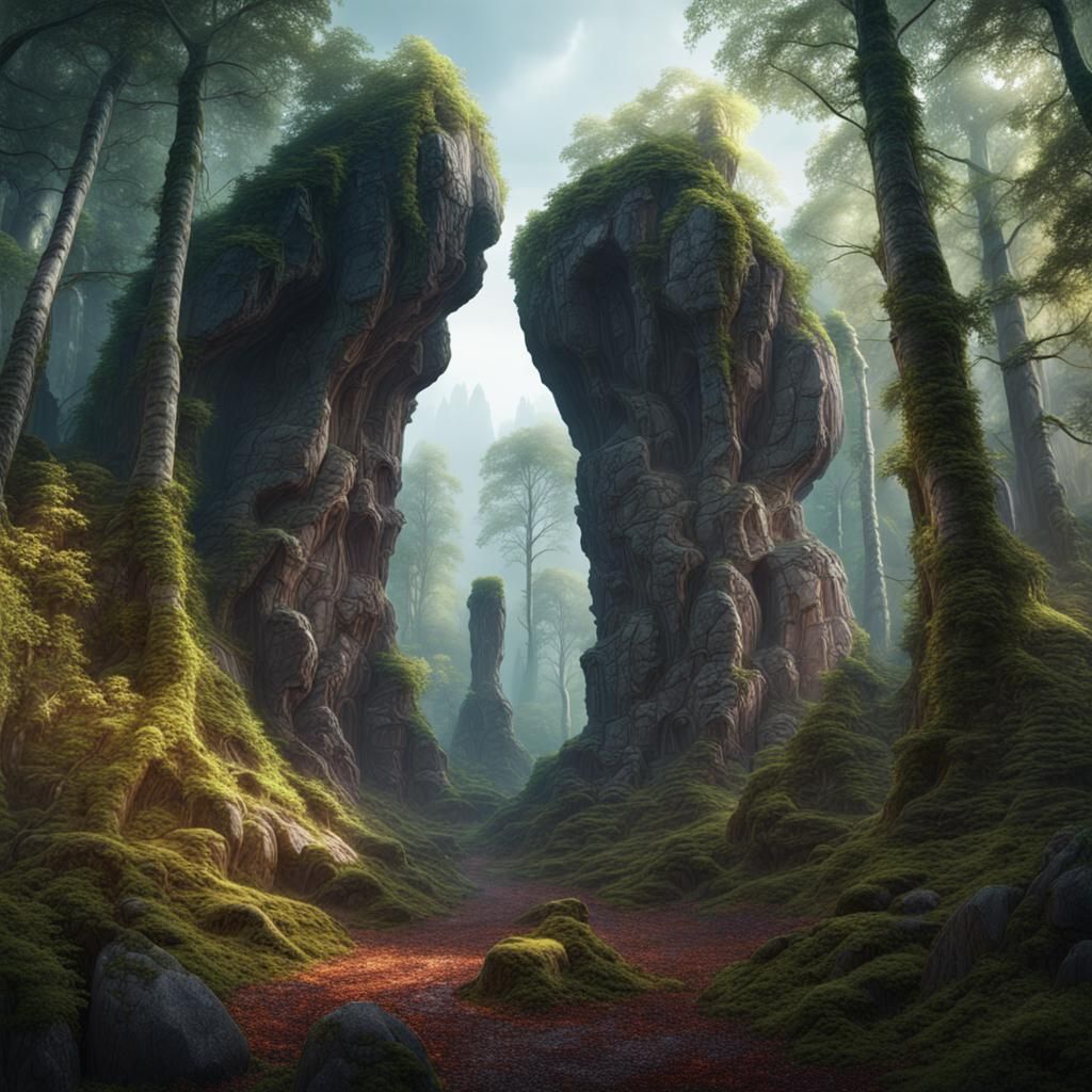 Mystical German Forest: Sacred Rock Formation in Matte Paint...