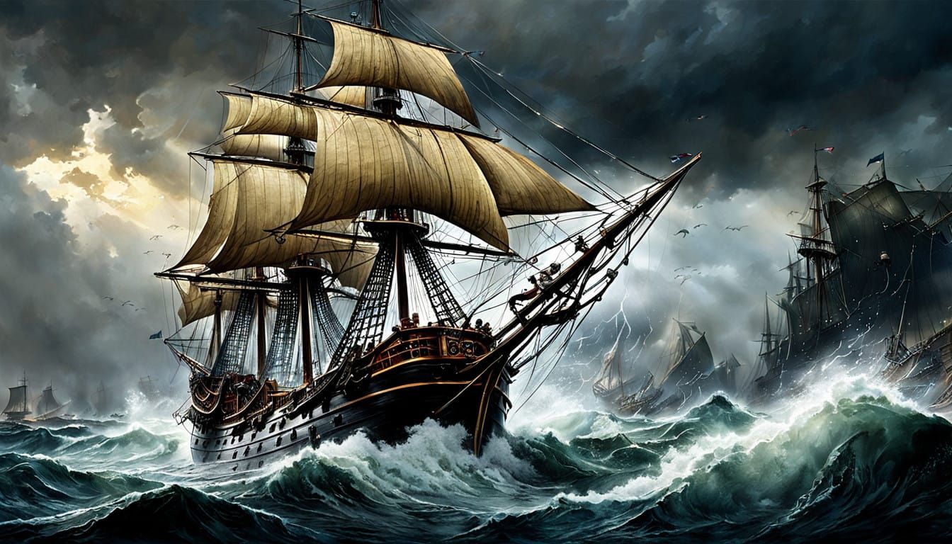 Swashbuckling Duel in Stormy 18th-Century Pirate Ship Scene