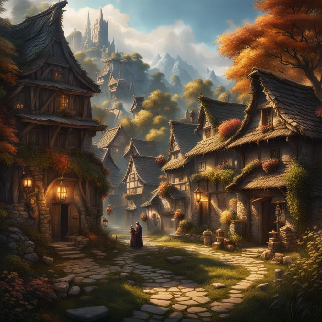 Wise Master Hands Task in Serene Village: Fantasy Art
