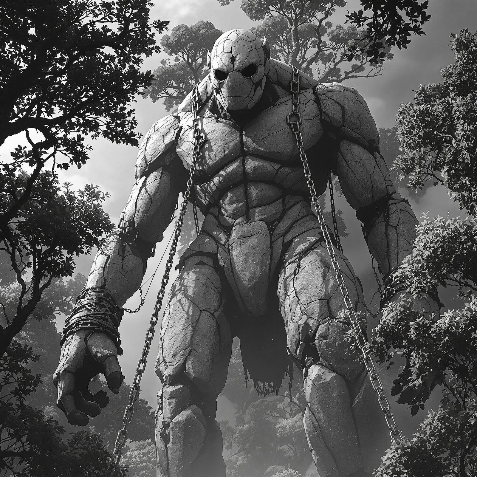 Monochrome Stone Golem in Forest Concept Art