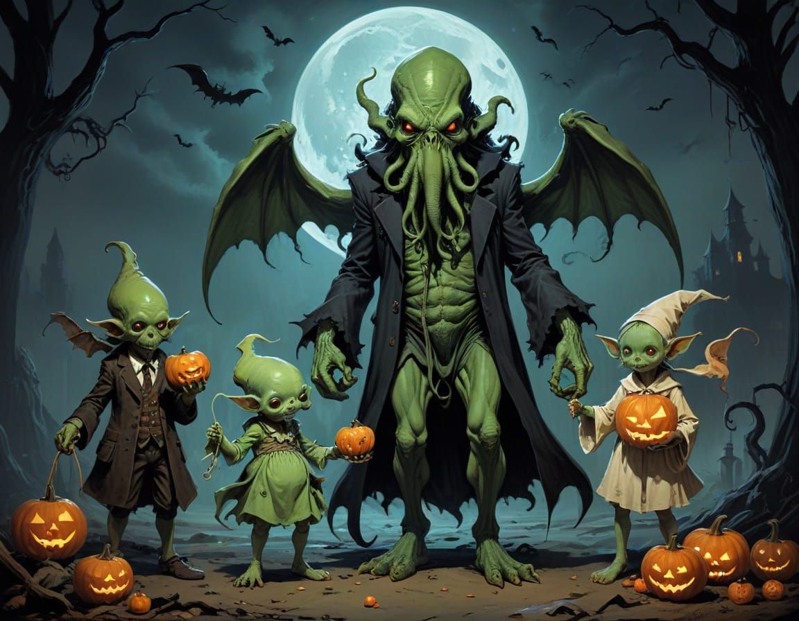 Cthulhu Family Trick-or-Treating in Halloween Costumes