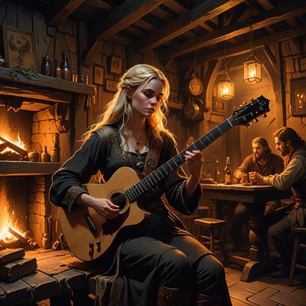 Blond Bard Performs in Tavern, Dark Fantasy Art
