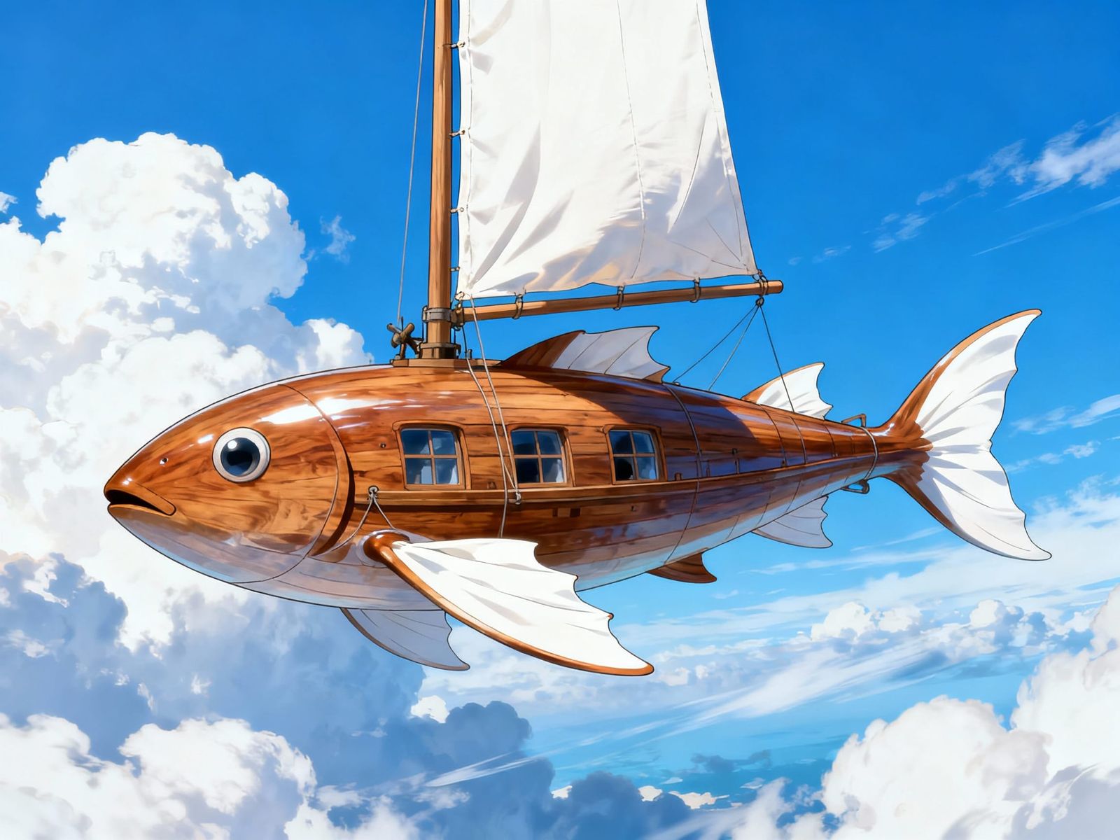 Fish-Shaped Flying Yacht with Anime Style