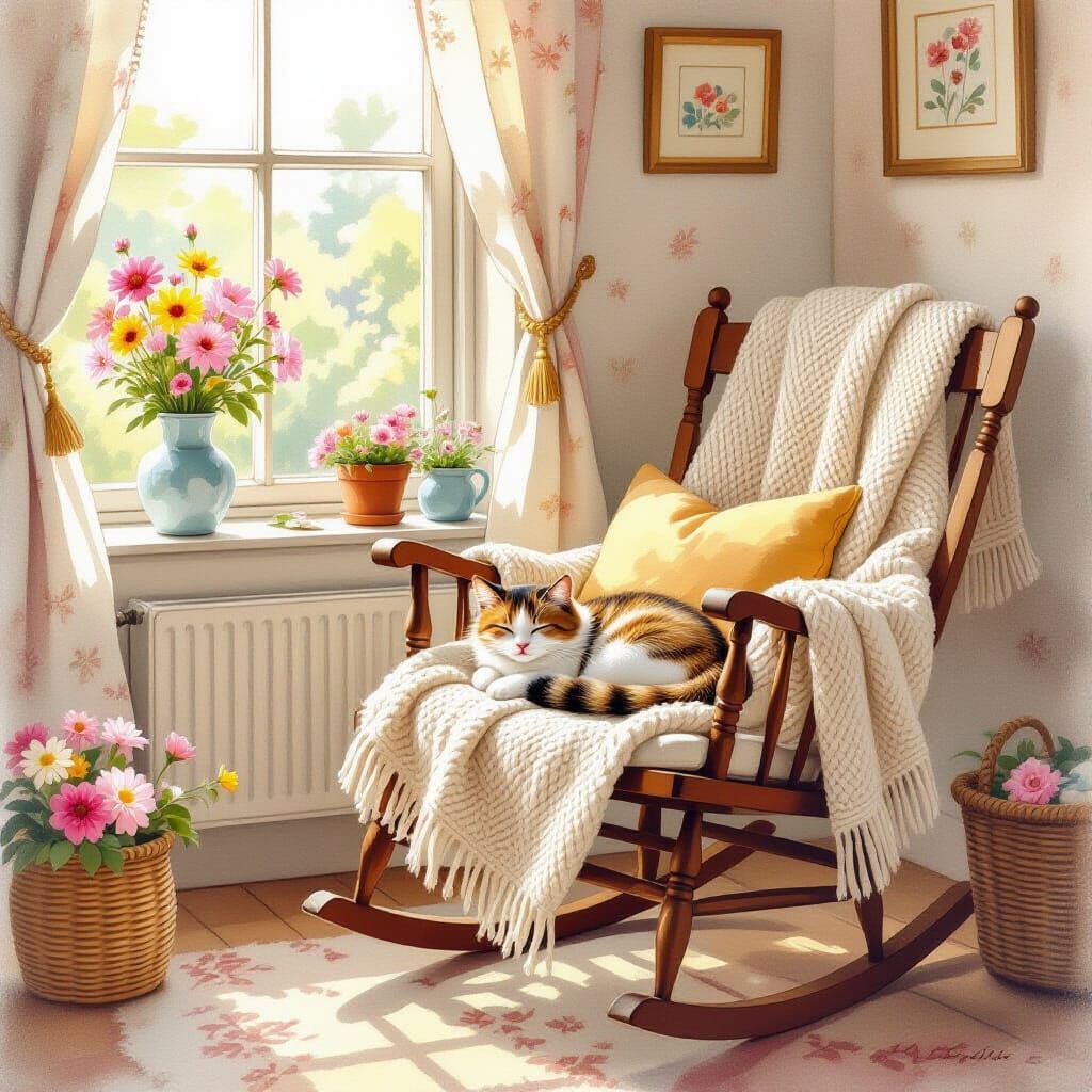 Cozy Room with Cat and Flowers in Watercolor Style