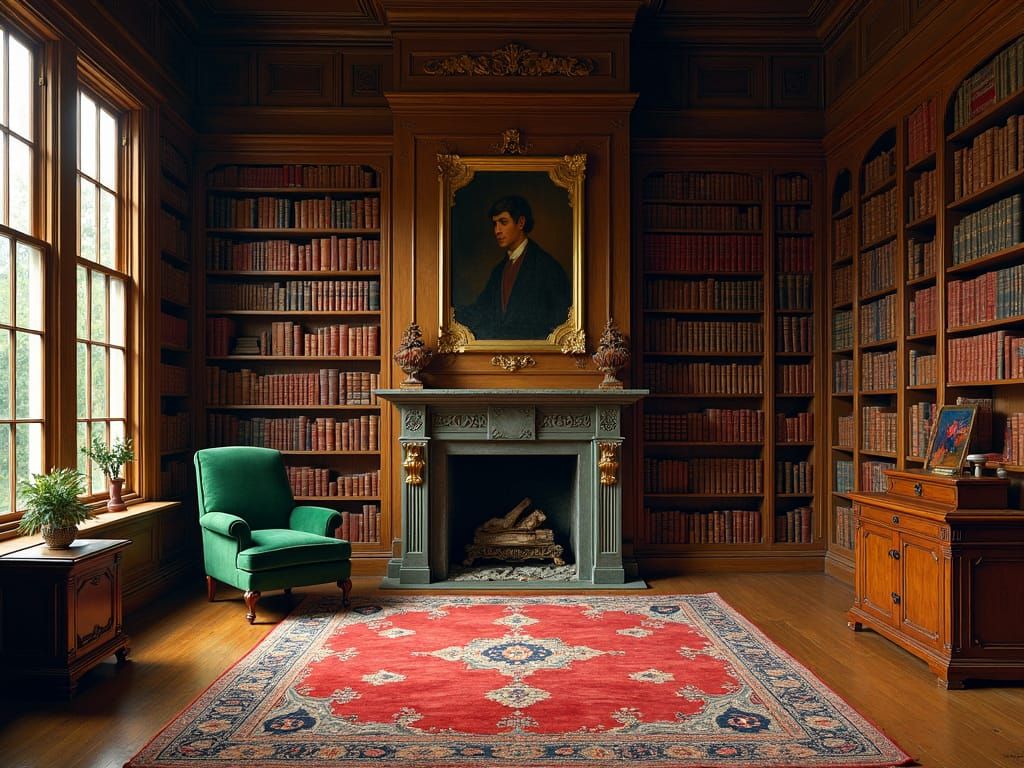 Lavish Library Interior as Oil Painting