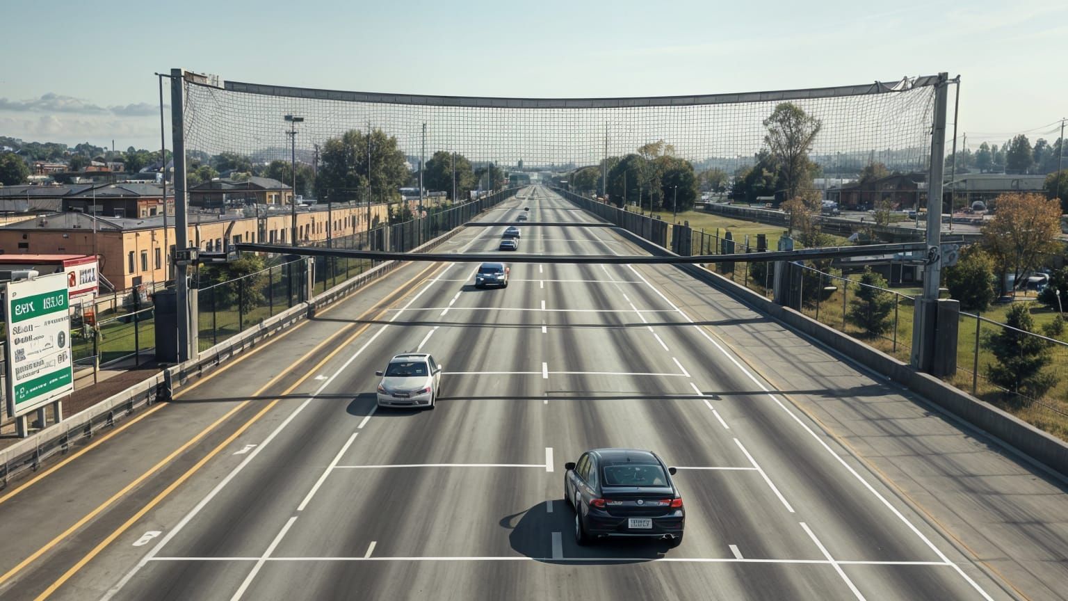 Surreal Tennis Barrier Blocks Highway Traffic