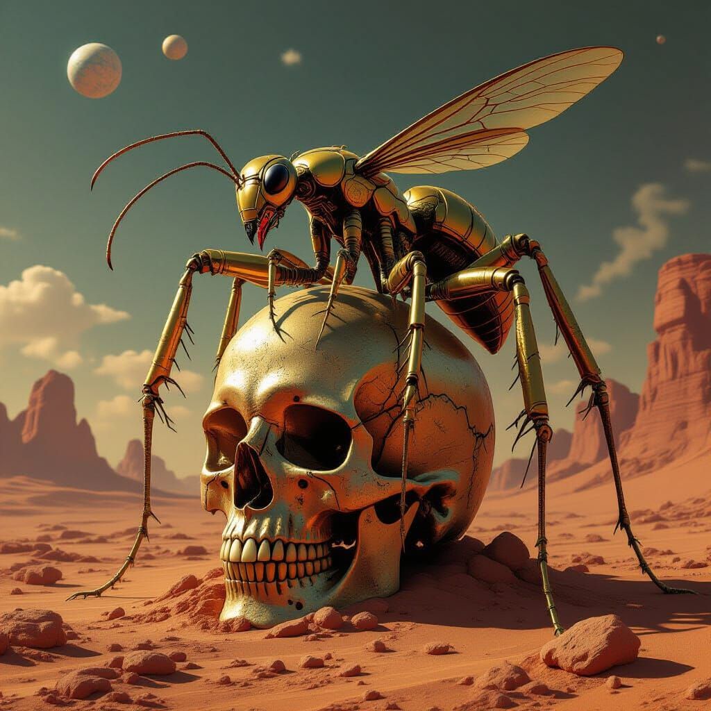 Mechanical Gold Ant on Martian Skull in Gritty Realism