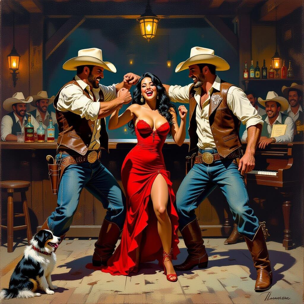 Cantina Brawl Between Cowboys in Pulp Art Style