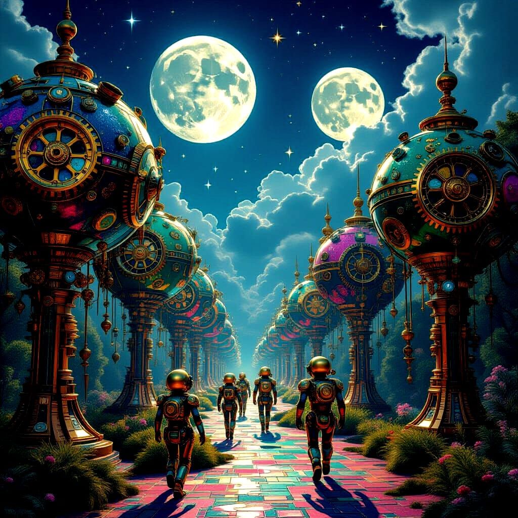 Mechanical Forest Creatures Under Three Moons