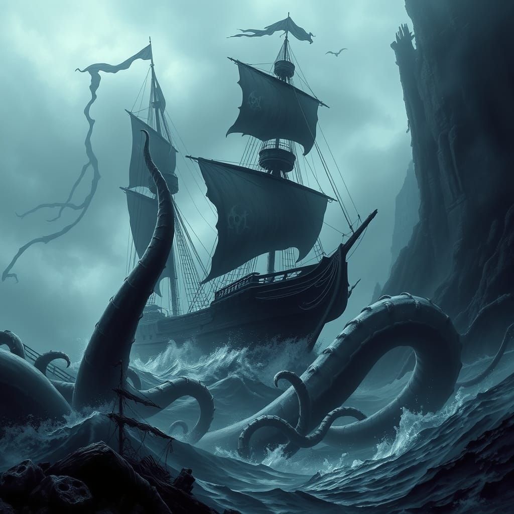 Kraken and the Flying Dutchman in Gothic Style