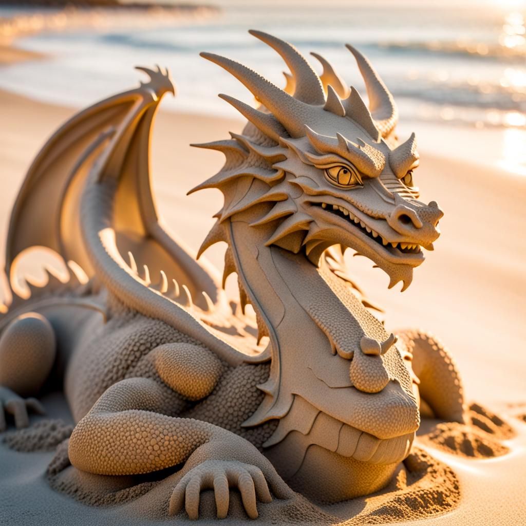 Detailed Sand Dragon Sculpture at Golden Hour