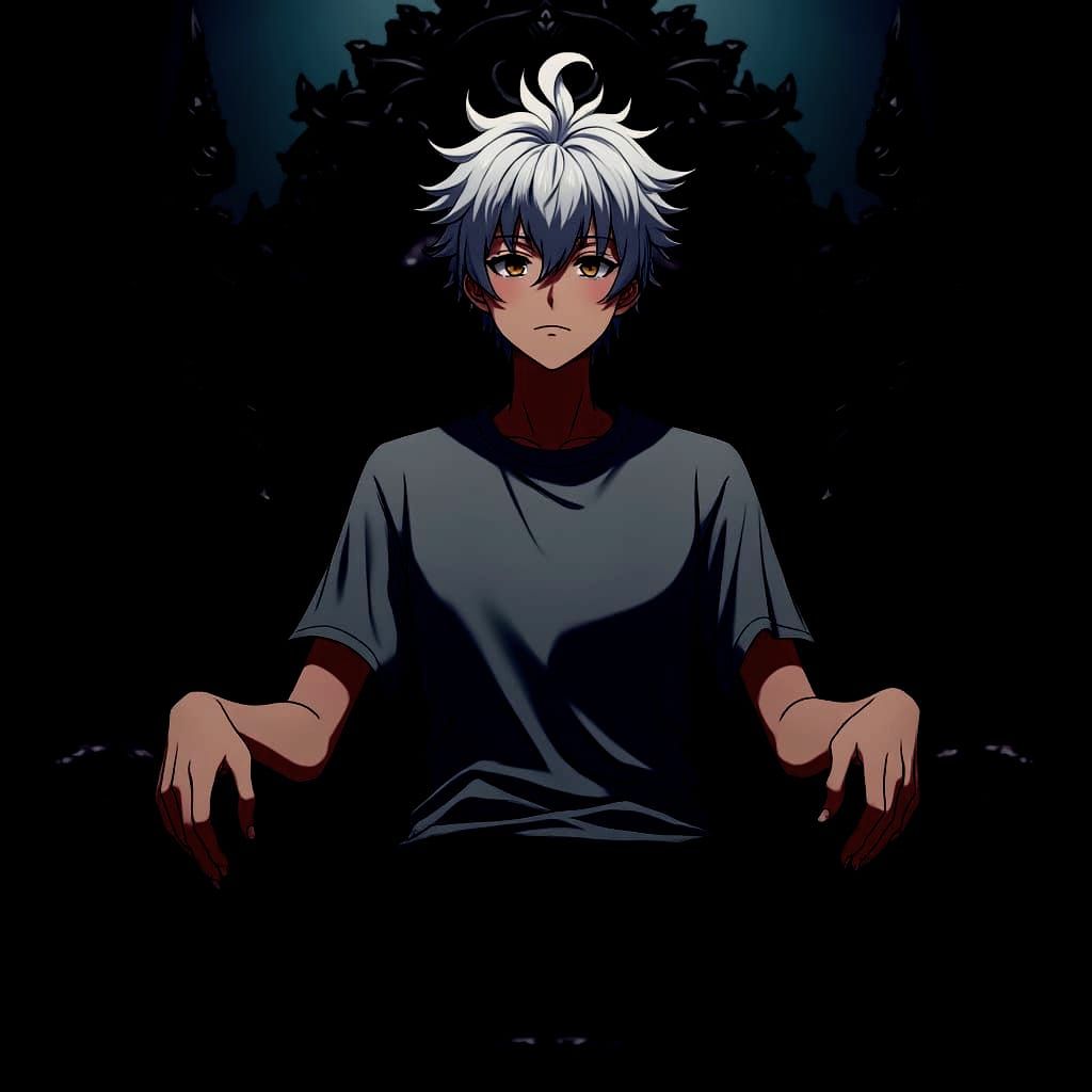 Anime Boy Sits on Black Throne in Detailed 3D Art