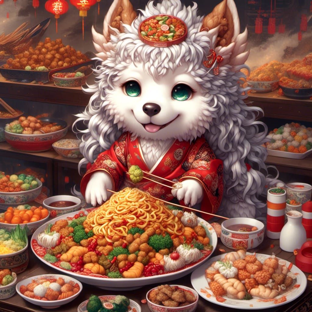 <lora:Dragon Fantasy:1.0> Chinese food dog