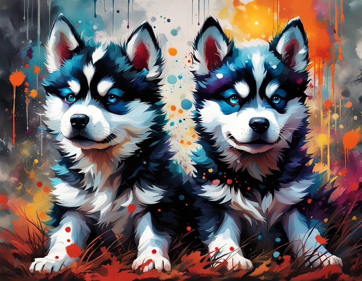 Spooky Husky Puppies in Detailed Digital Art