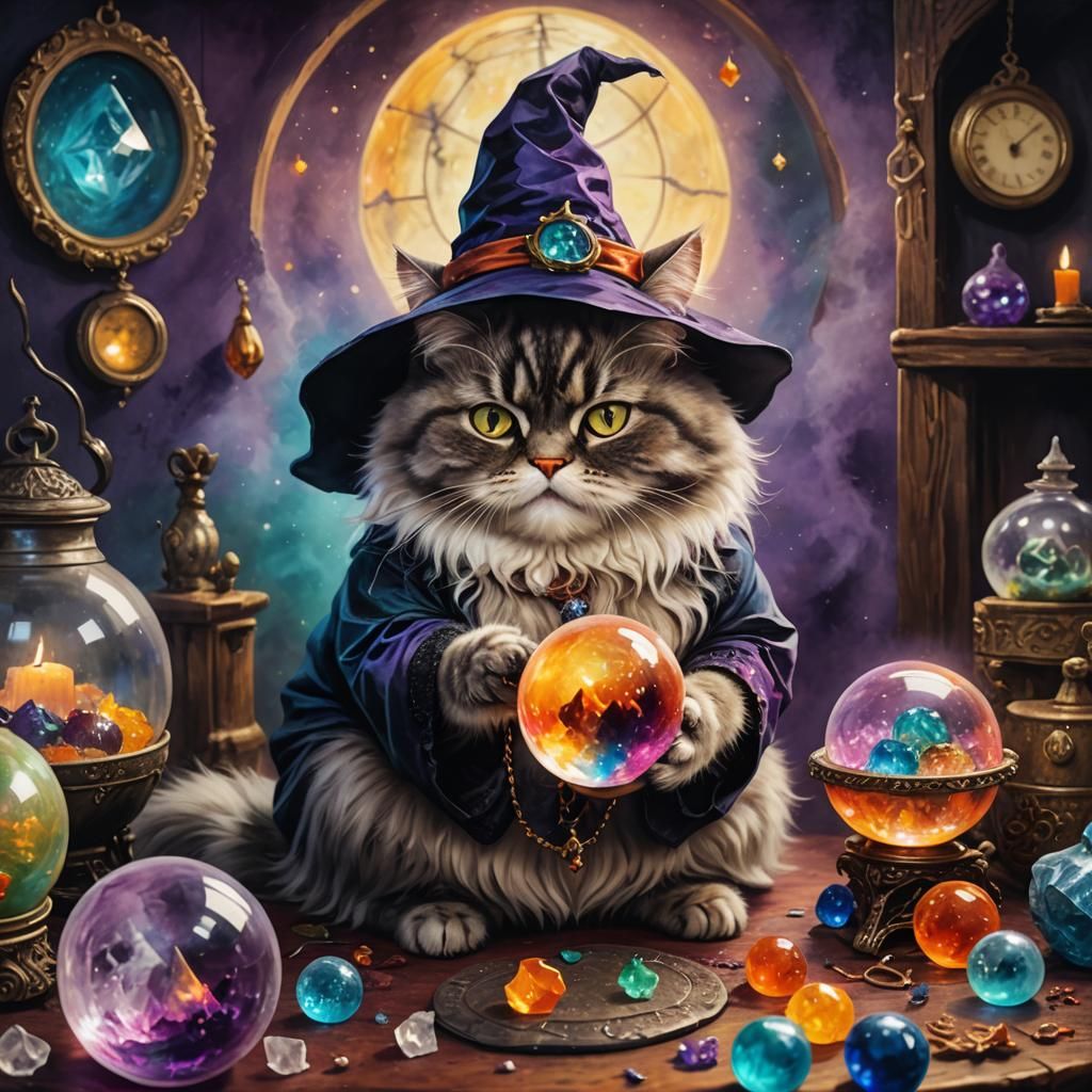 Encaustic Portrait of a Cat Witch with Crystal Ball