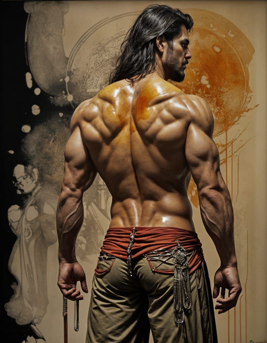 Muscular Persian Man Portrait in Ink Art Style