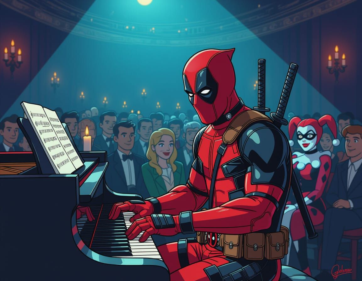 Deadpool Plays Piano with Cartoon Flair