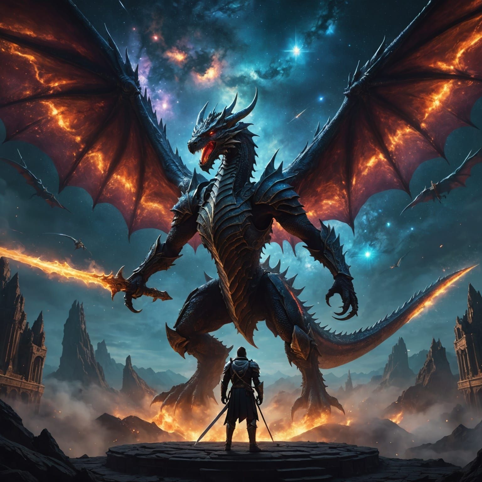 Winged Knight Confronts Galaxy Dragon in Sky Arena