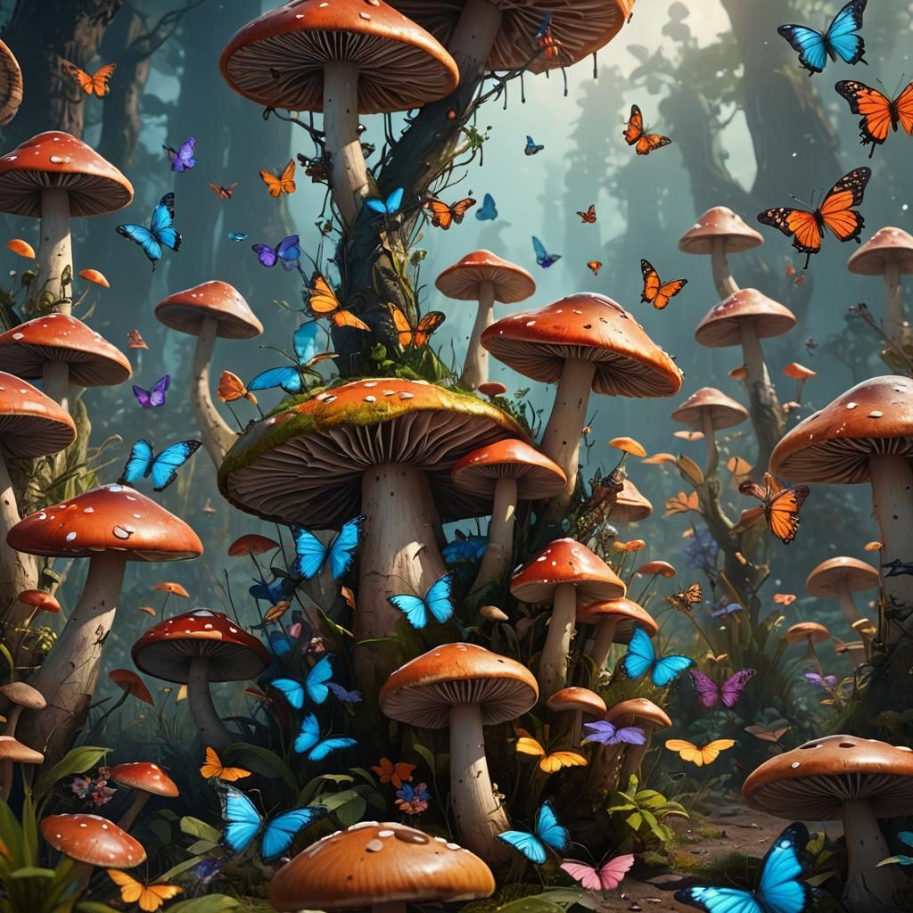 Fantasy Mushroom with Butterflies, Detailed Matte Painting