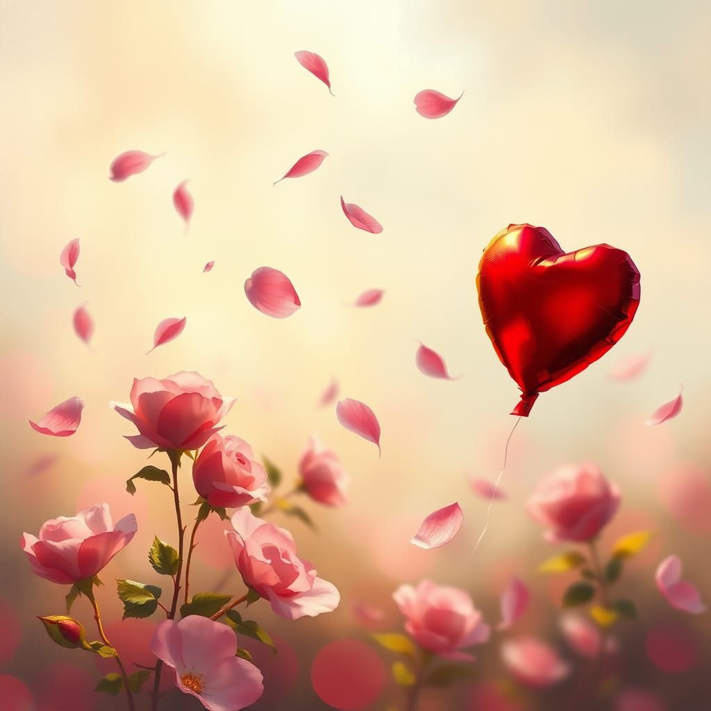 Rose Petals and Heart Balloon in Impressionist Style