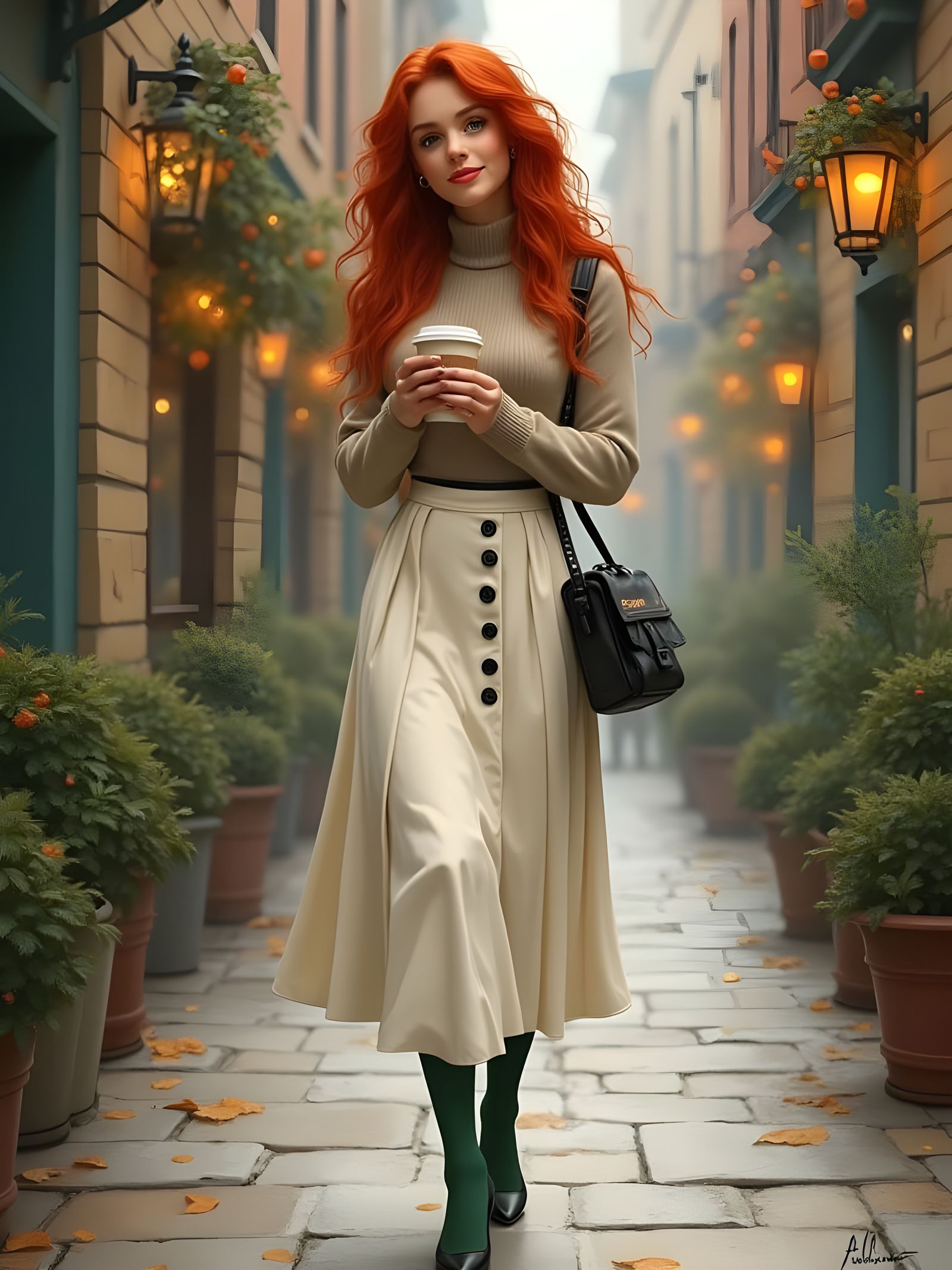 Curvy Redhead in Cozy City: Detailed Realism