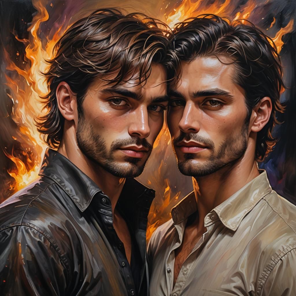 Fantasy Portrait: Two Men Embracing in Oil Paint