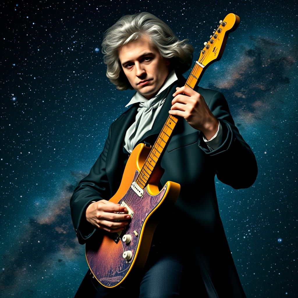Beethoven Rocks Out Under Starry Skies in Cyberpunk Style