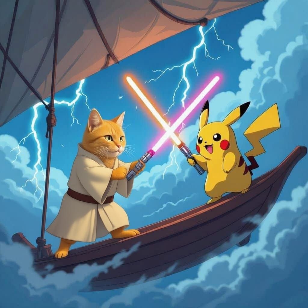 Jedi Cat and Pikachu Duel on Sky Ship in Storm