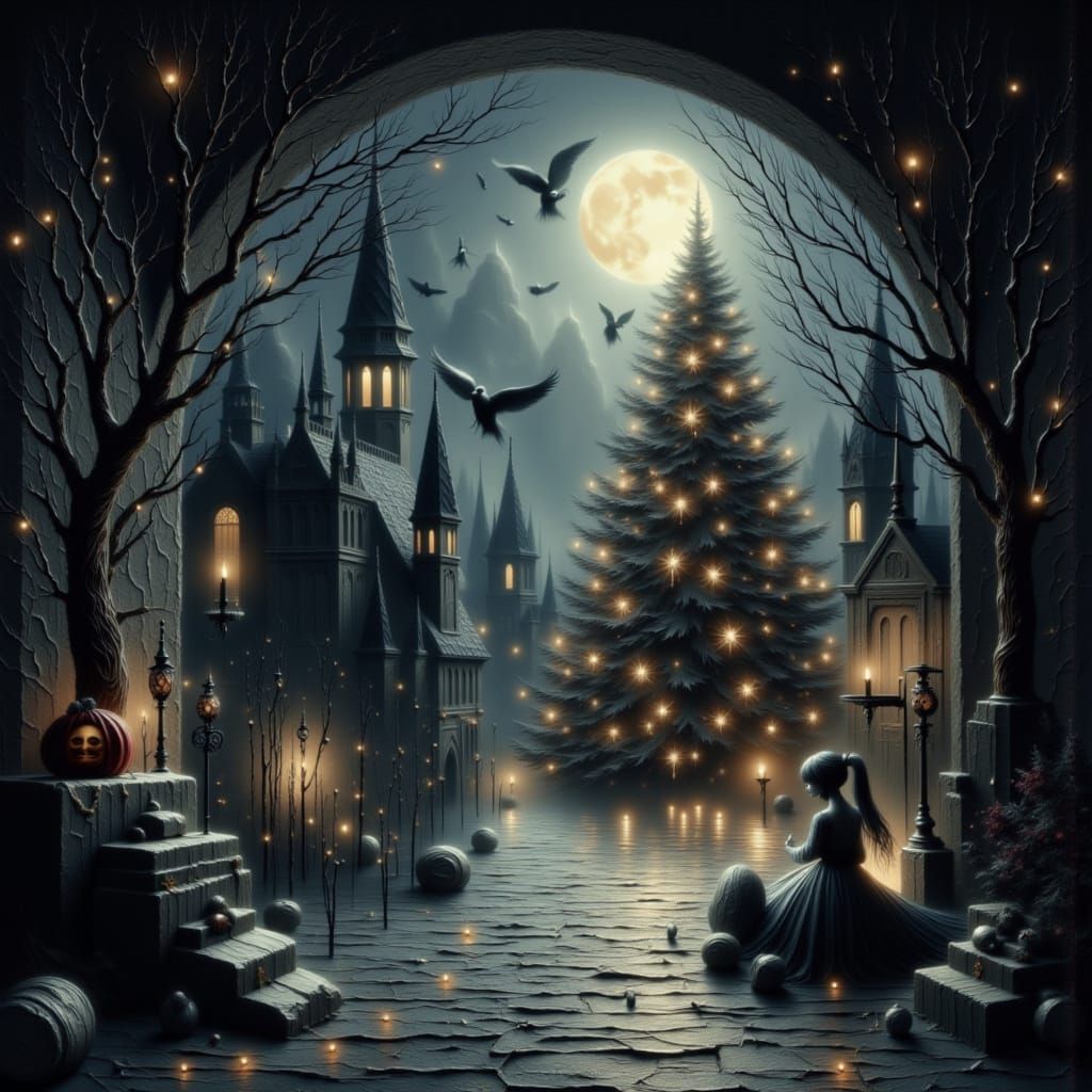 Enchanted Crypt Christmas Tree in Misty Night