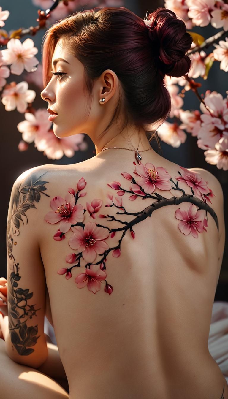 Cherry Blossom Tattoo Portrait in 4K Resolution