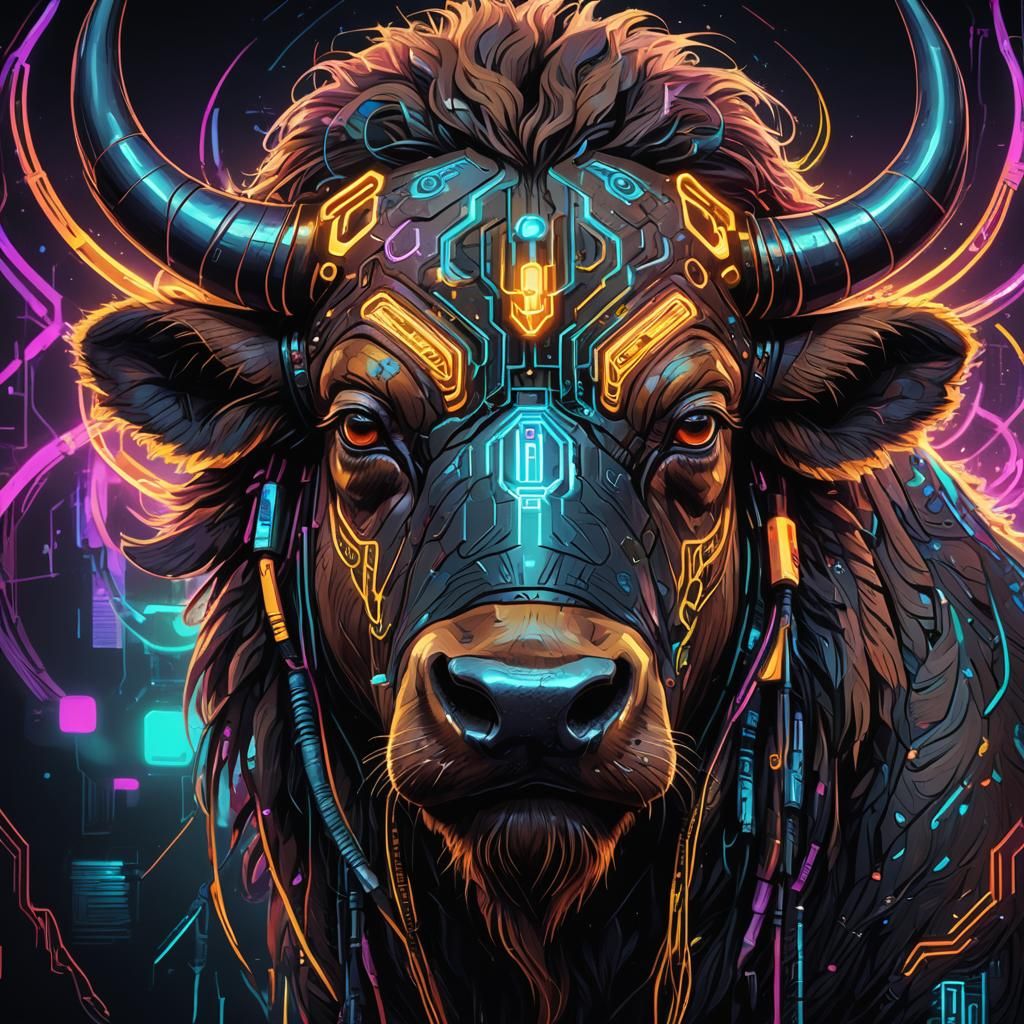 Cyberpunk Bison with Neon Neurographic Patterns