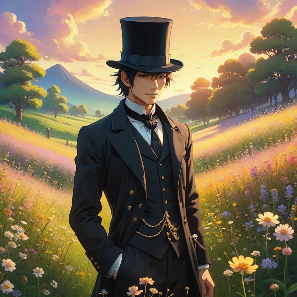 A mysterious man wearing dark clothes and a top hat in a meadow with summer wildflowers