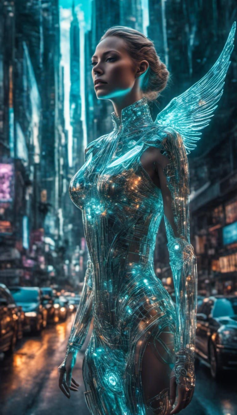 Holographic Cyborg Angel in Urban Cyberpunk Scene