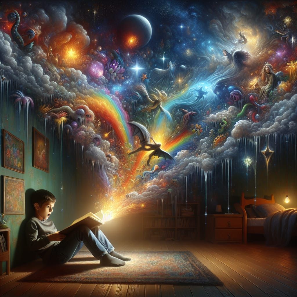 Whimsical Surrealist Scene of a Boy in a Dreamlike Children'...