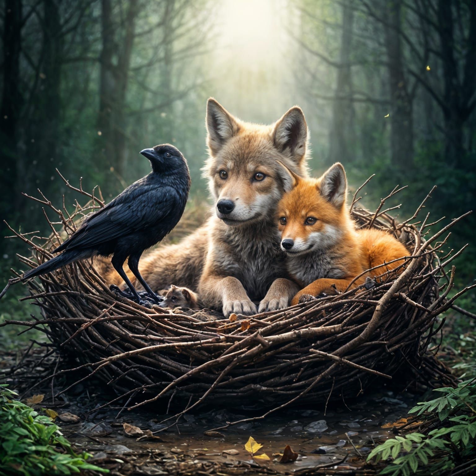 Wolf, Fox, and Crow Cozy in a Moonlit Nest