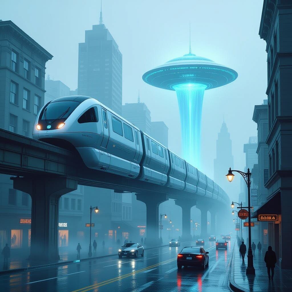 Sleek Monorail Bridges Seattle and Draller in a Glimmering, ...