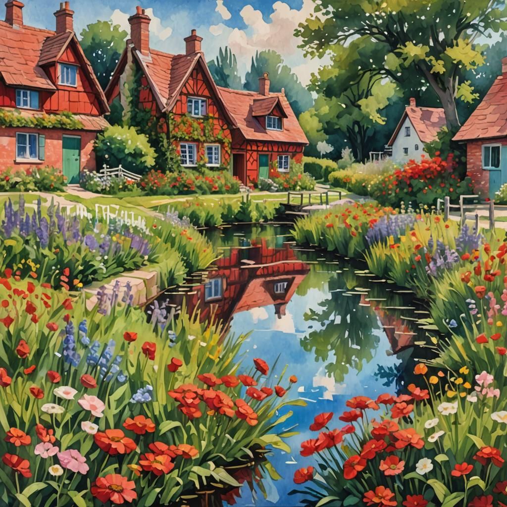 Idyllic Canal Scene in Gouache Style