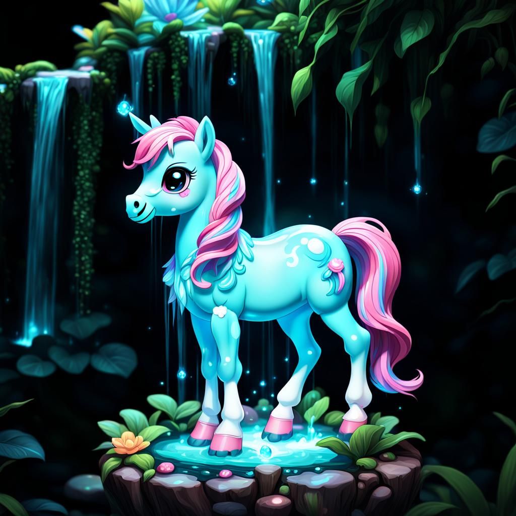Bioluminescent Chibi Pony in Candy Garden: Digital Art