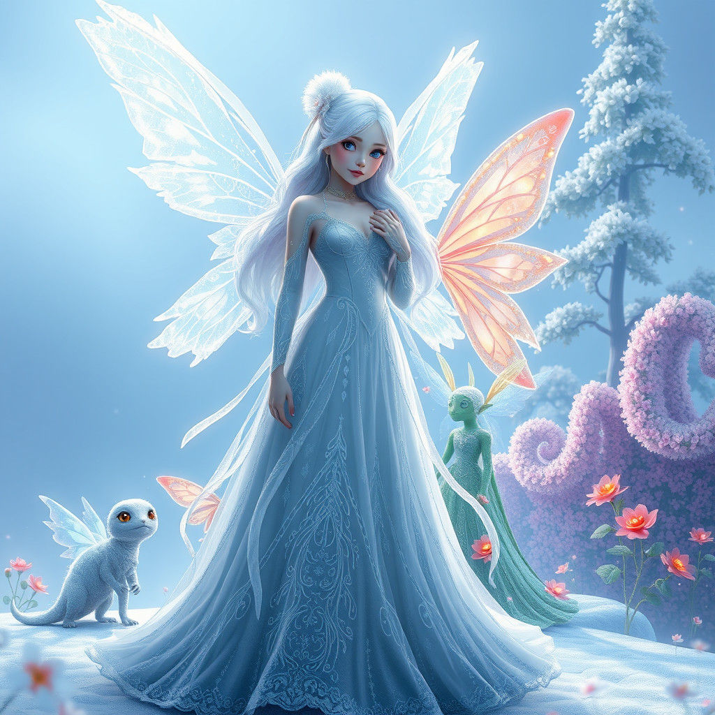 Ice Fairy and Fire Fairy with Pets in Fantasy Art