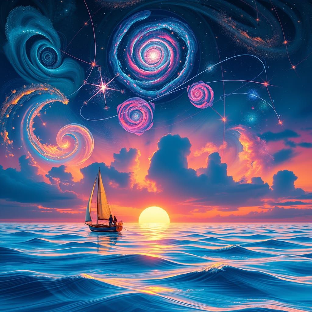 Surreal Sailboat Scene with Swirling Galaxies and Sunset Hue...