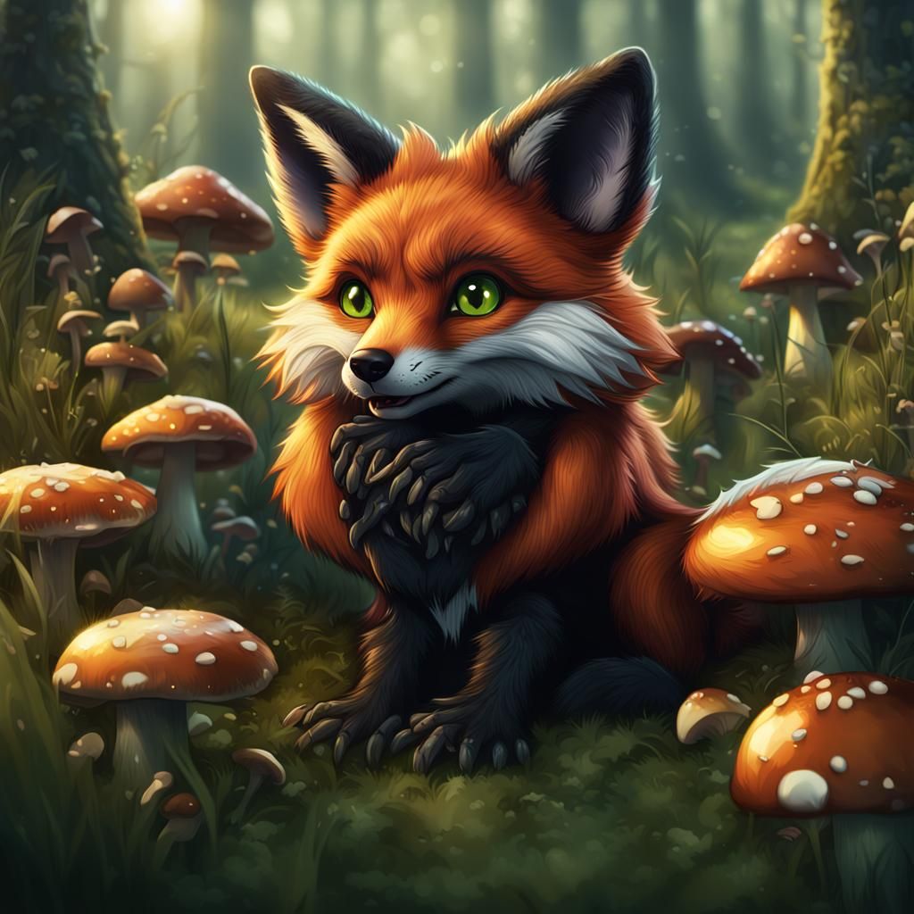 Mini Black Fox in Grassy Mushroom Patch