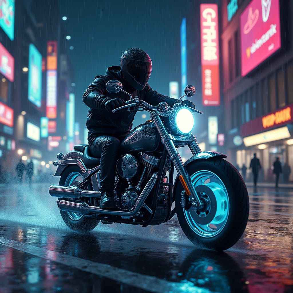 Cyberpunk Chrome Motorcycle Speeds Through Rainy City Street...
