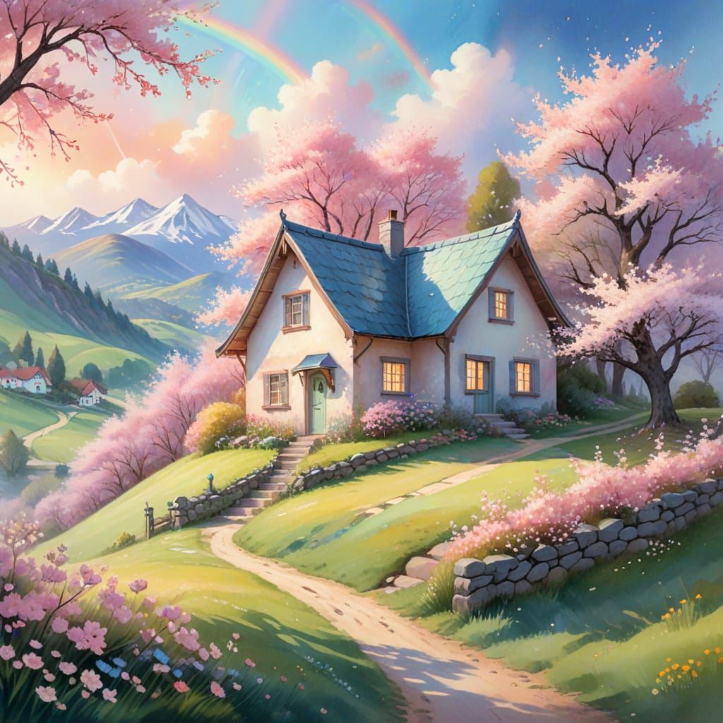 Scandinavian Cottage in Cherry Blossom Landscape