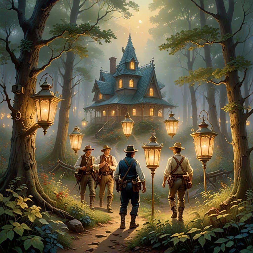 Apple Dumpling Gang in Ethereal Kinkade Style Forest