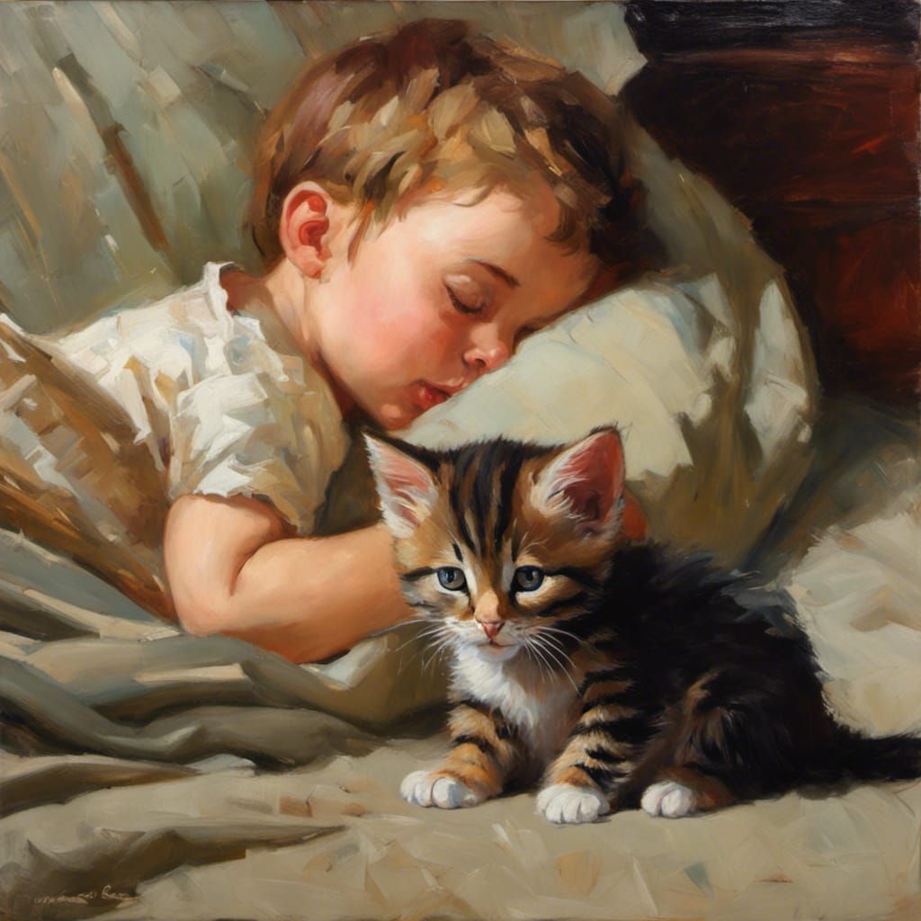 Kitten Sleeping on Stomach as Oil Painting