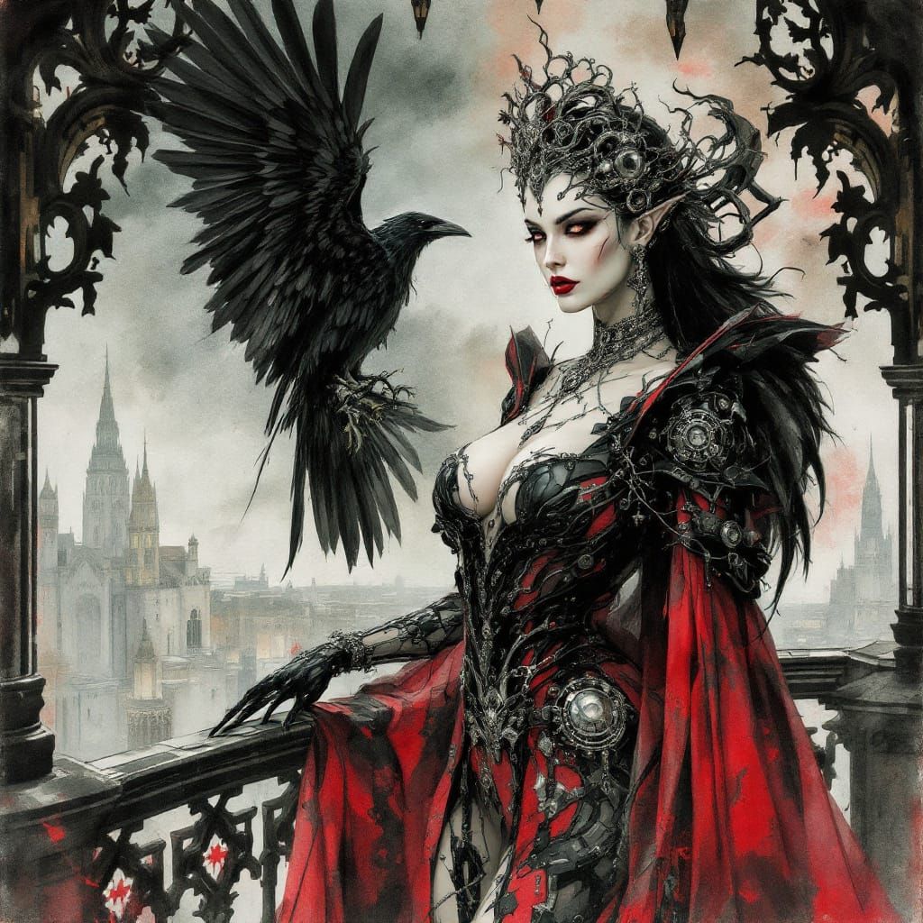 Vampire Queen with Cybernetic Implants on Gothic Balcony