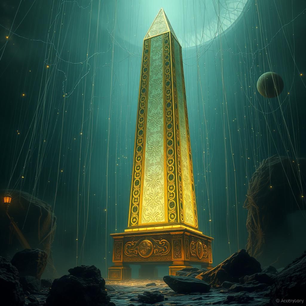 Golden Obelisk Radiating Light in Mystical Dreamscape