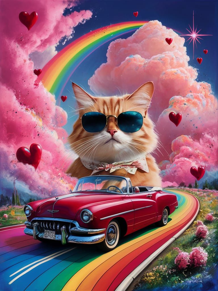 Stylish Cat Drives Convertible on Rainbow Road as Expression...