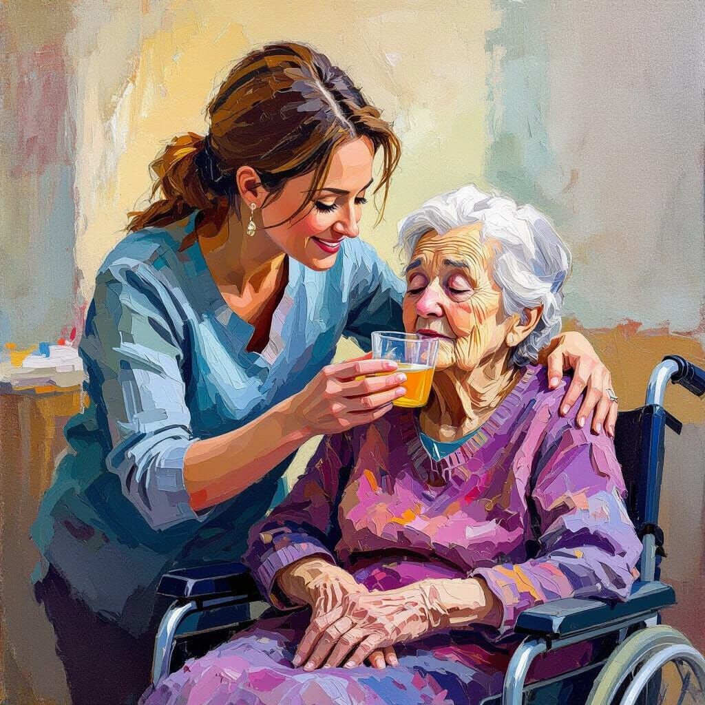 Loving Caregiver Assists Elderly Mother in Care Home