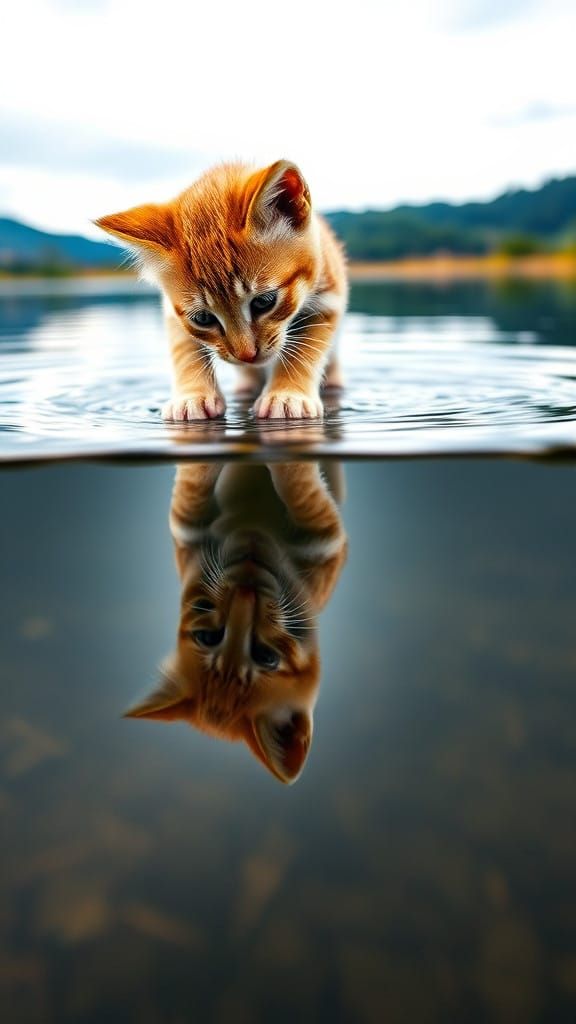 Kitten Curiously Examines Lion Reflection in Serene Lake Wat...